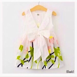 Cotton Dress With Embroidered Flowers Ruffle Collar Large Bow at Small of Back